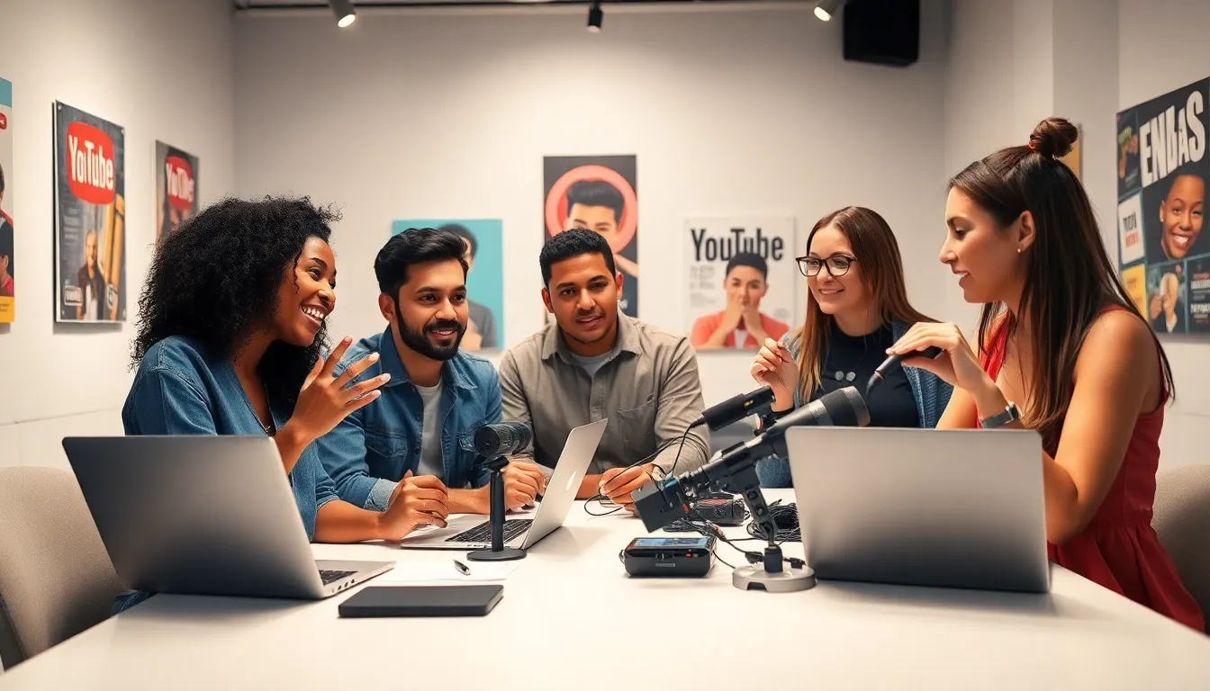 diverse group of creators collaborating in a modern studio.