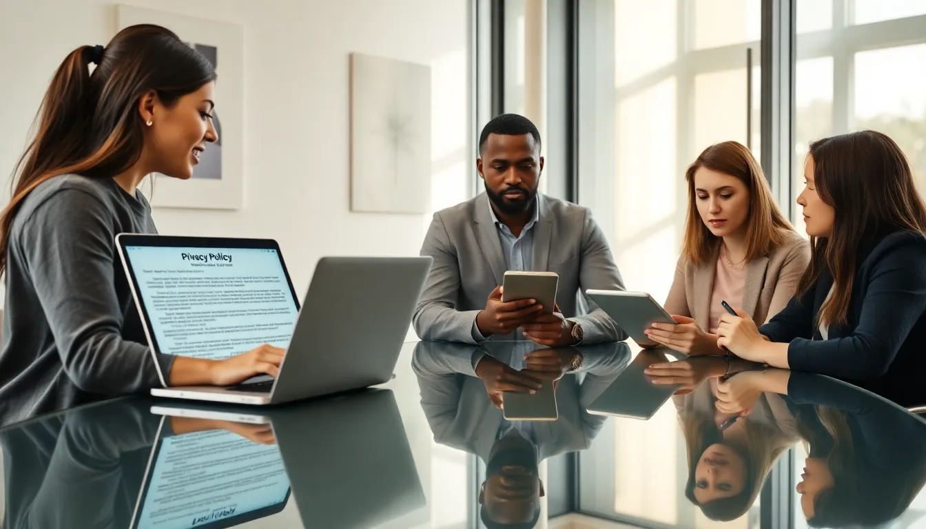 diverse developers discussing privacy policies for mobile applications.