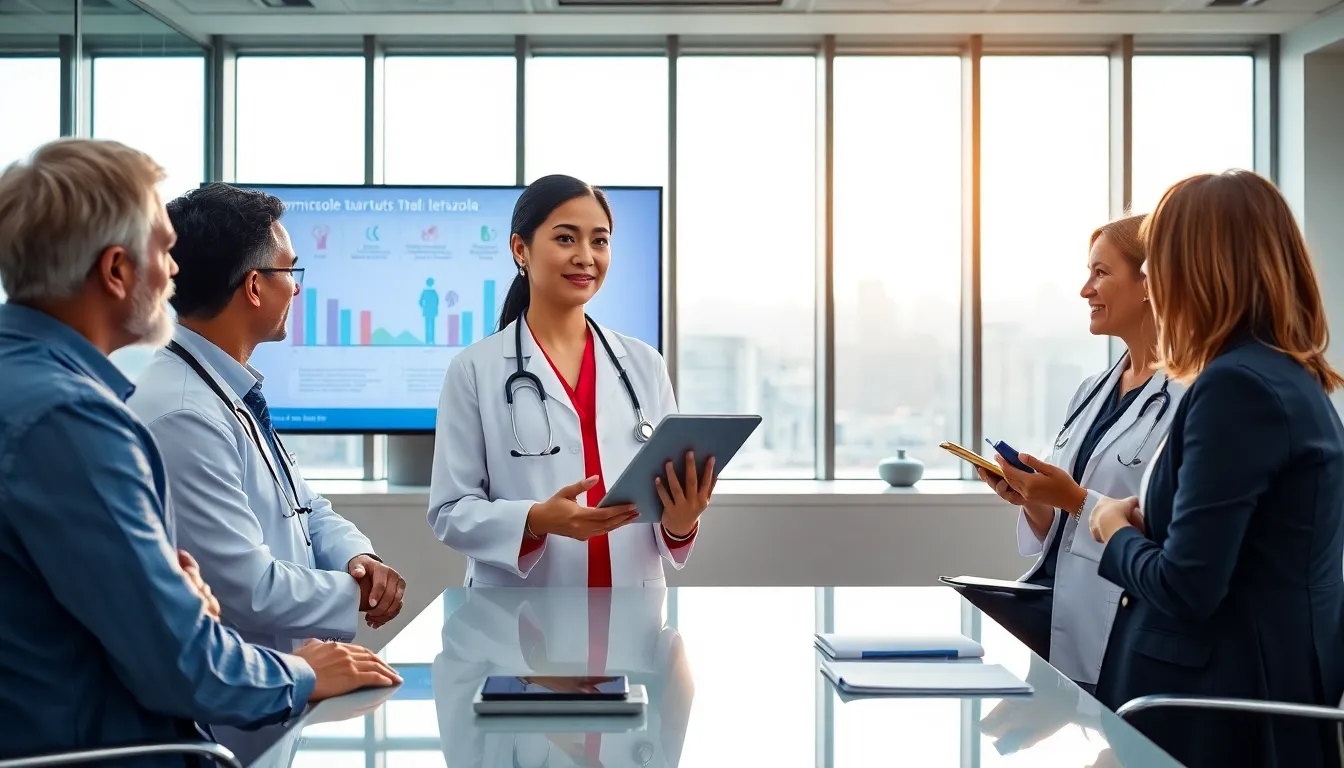 healthcare professionals discussing letrozole in a modern medical office.