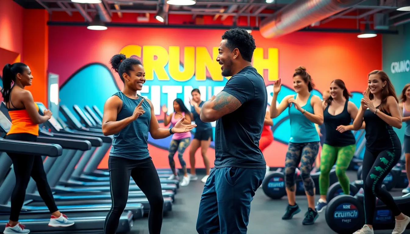 diverse group working out in a lively Crunch Fitness gym.