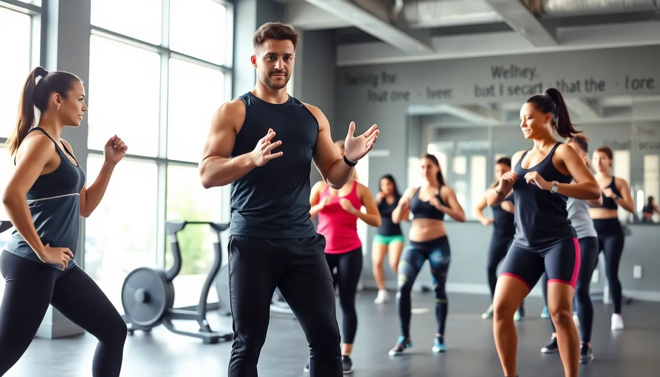 fitness instructor guiding diverse clients in a modern gym.