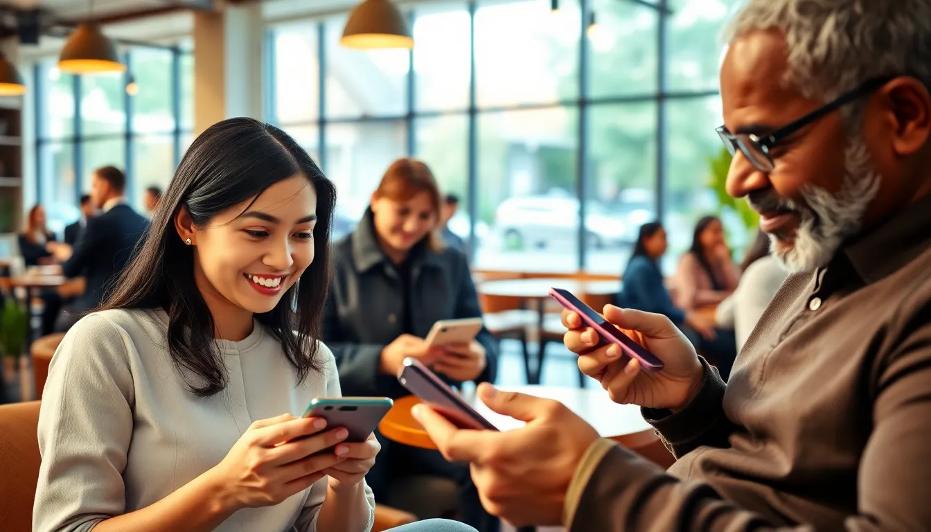 customers interacting with a mobile app in a modern coffee shop.