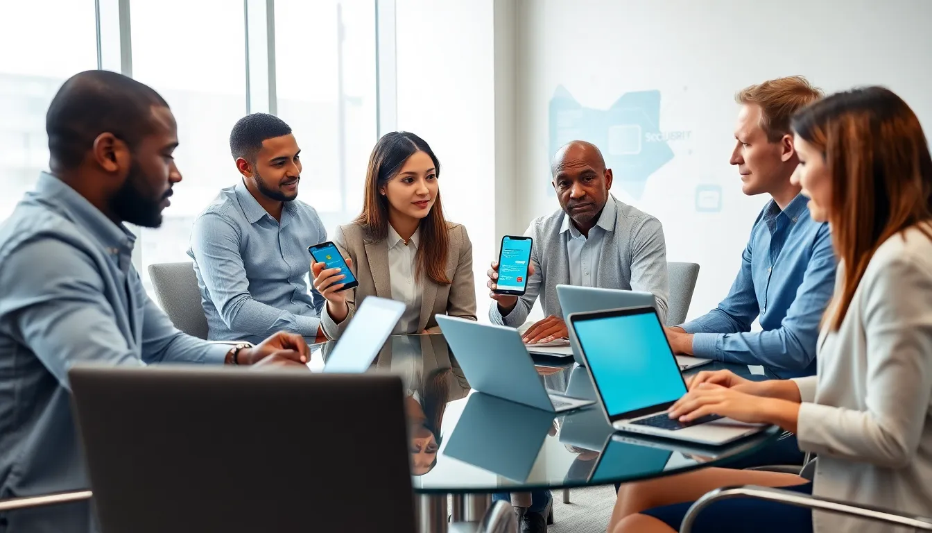 professionals discussing mobile banking security in a modern office.