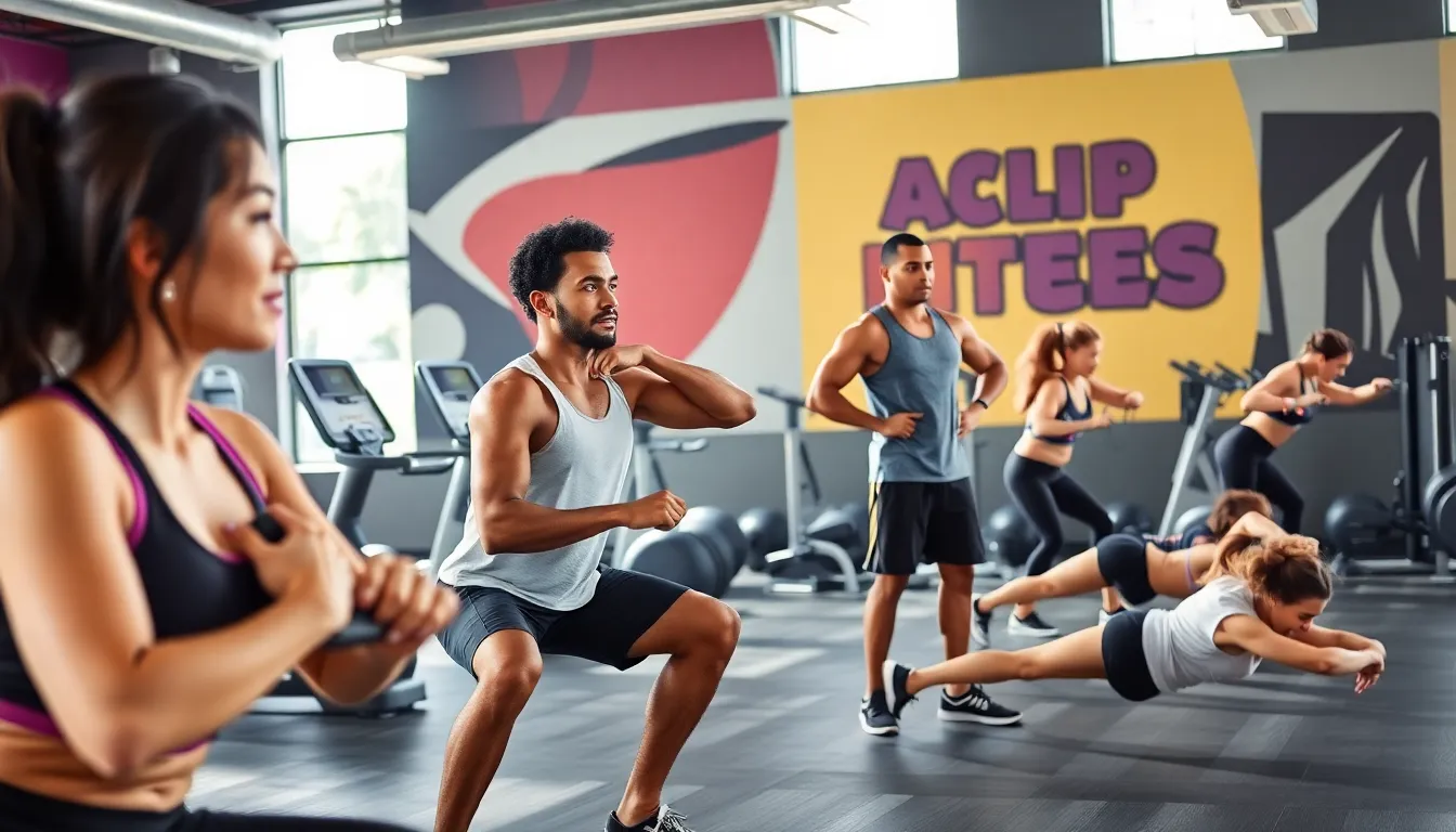 diverse people exercising in a modern gym during circuit training.